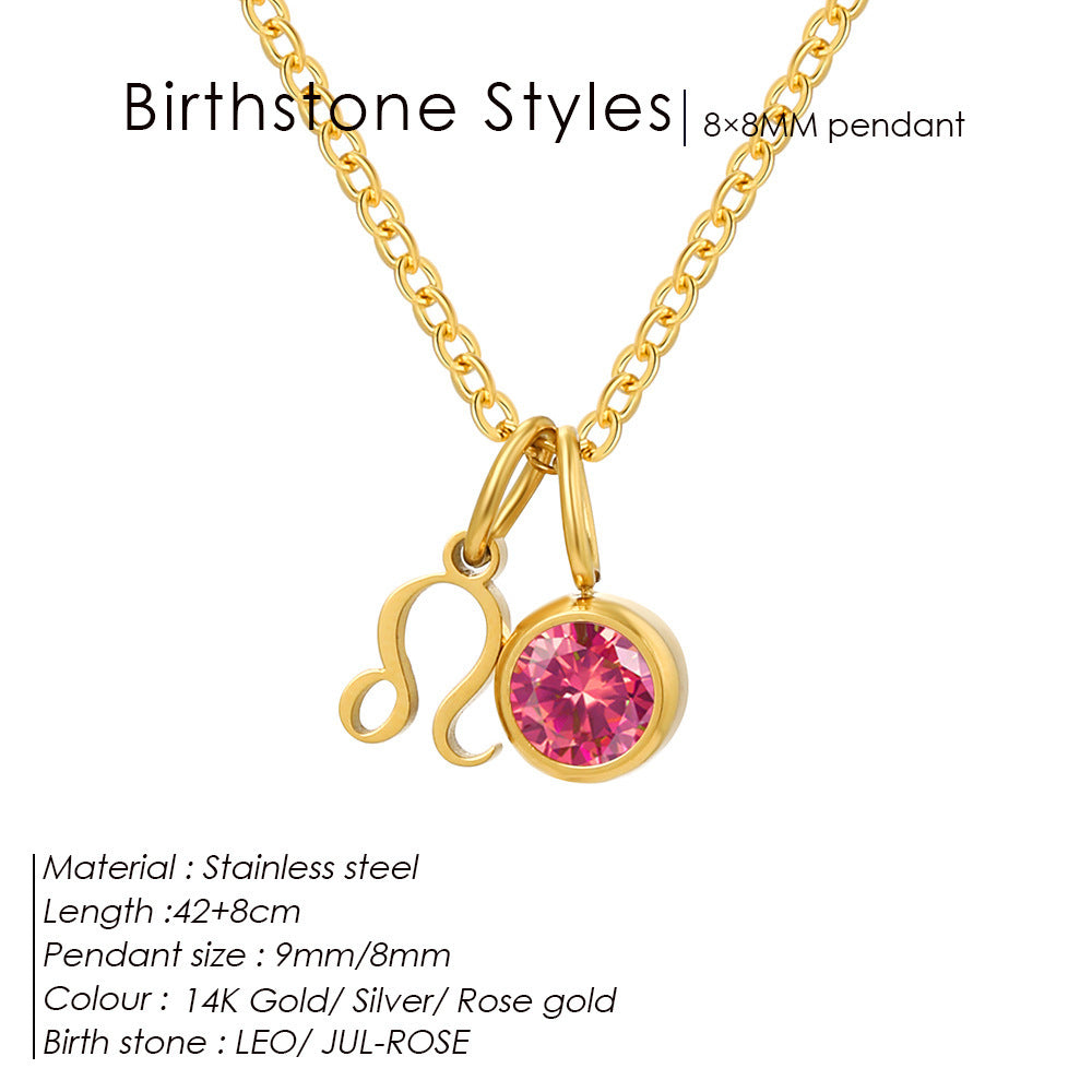 Colorful Zircon Birthstone Twelve Constellation Titanium Steel Necklace – Elegant Zodiac Jewelry for Women