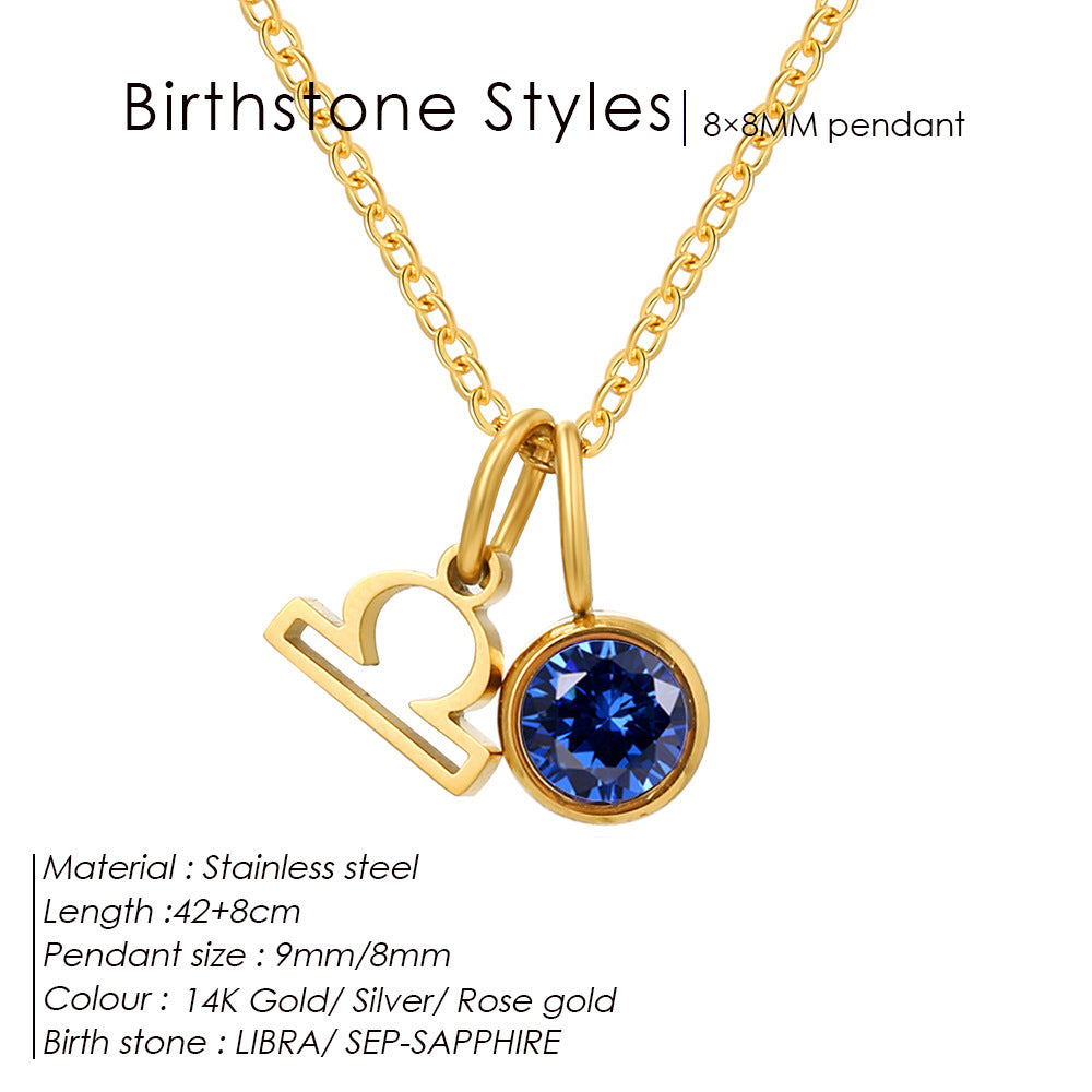 Colorful Zircon Birthstone Twelve Constellation Titanium Steel Necklace – Elegant Zodiac Jewelry for Women