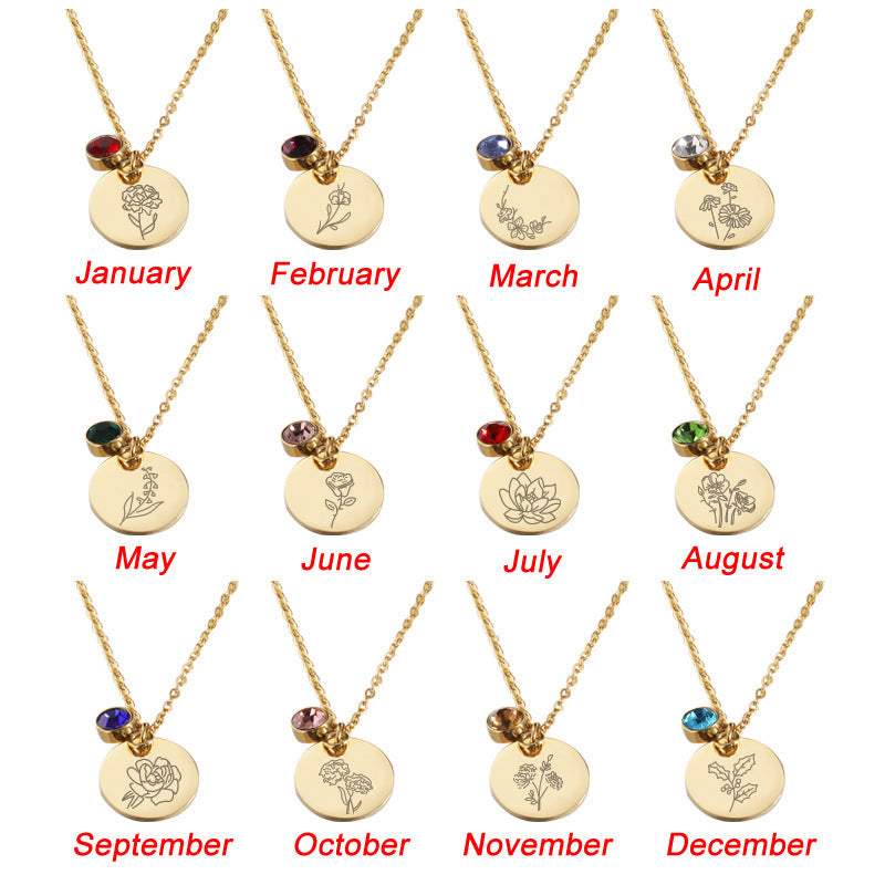Birth Flower and Birthstone Medal Necklace – Personalized Birthday Stainless Steel Jewelry