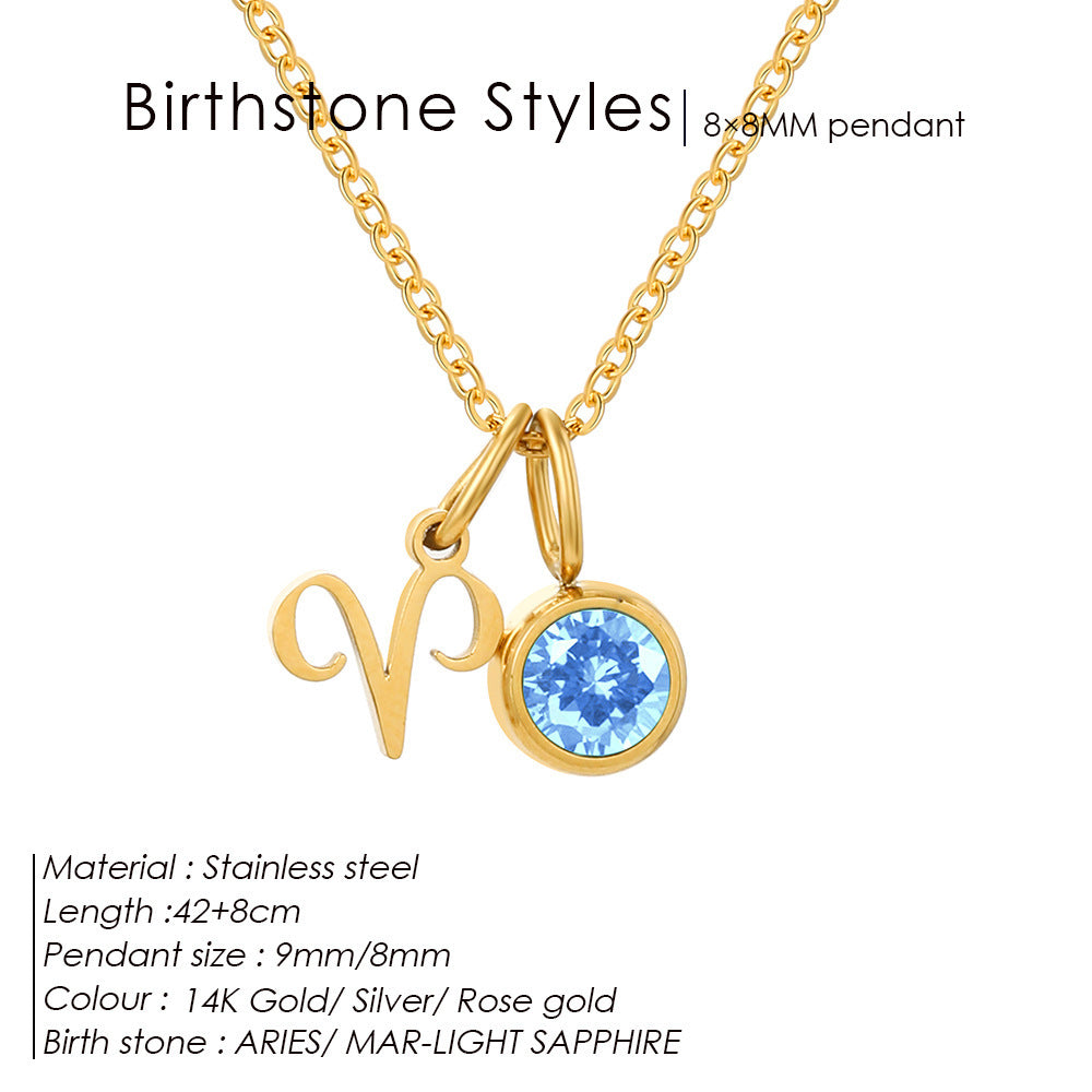 Colorful Zircon Birthstone Twelve Constellation Titanium Steel Necklace – Elegant Zodiac Jewelry for Women