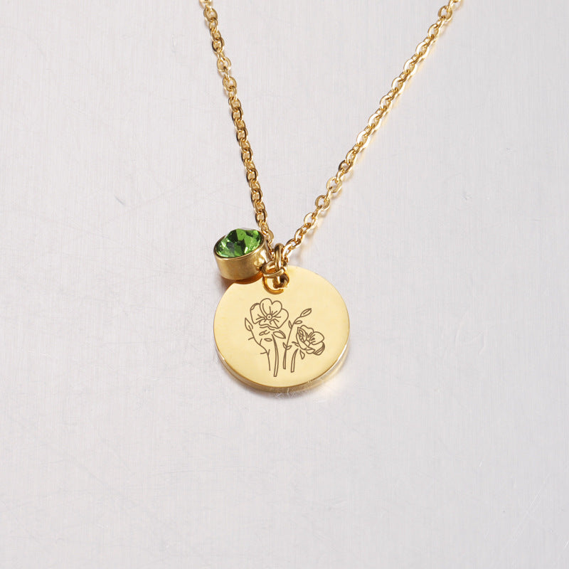 Birth Flower and Birthstone Medal Necklace – Personalized Birthday Stainless Steel Jewelry