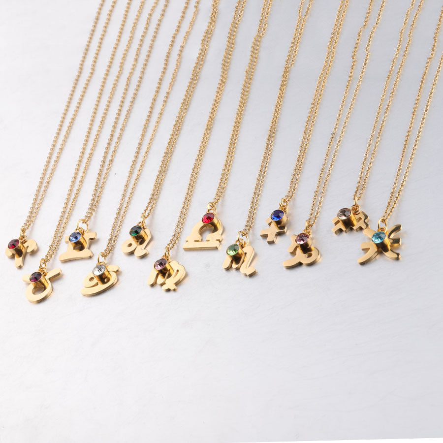 Golden Zodiac Necklace with Lucky Birthstone – Stainless Steel Astrology Jewelry