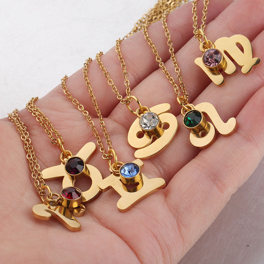 Golden Zodiac Necklace with Lucky Birthstone – Stainless Steel Astrology Jewelry