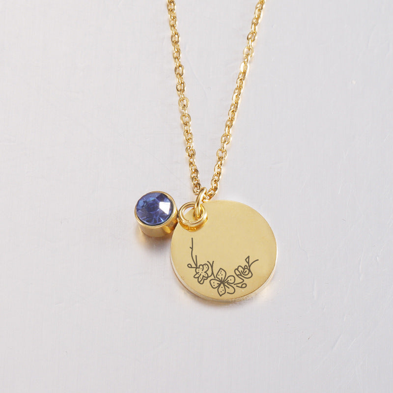 Birth Flower and Birthstone Medal Necklace – Personalized Birthday Stainless Steel Jewelry