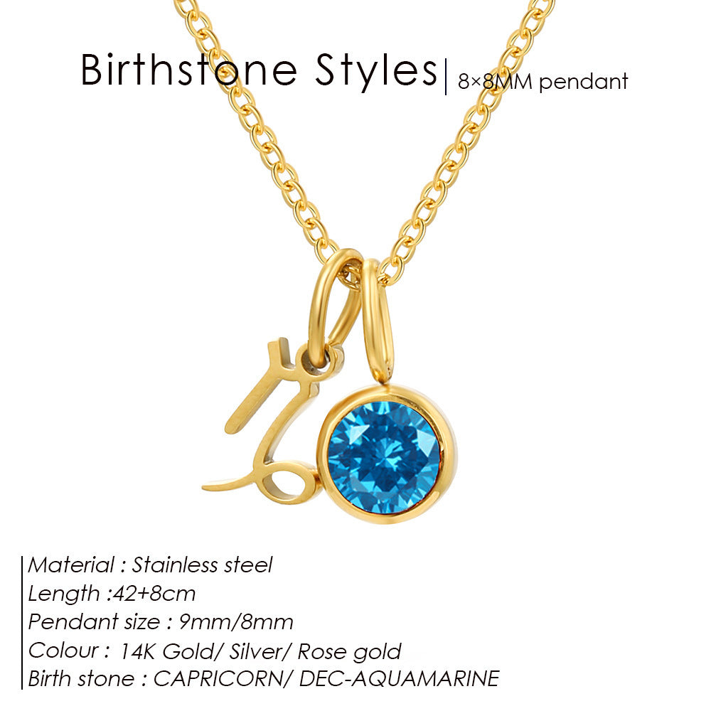 Colorful Zircon Birthstone Twelve Constellation Titanium Steel Necklace – Elegant Zodiac Jewelry for Women