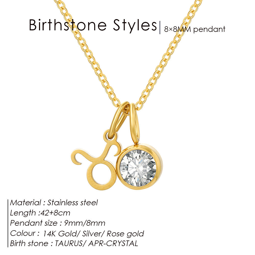 Colorful Zircon Birthstone Twelve Constellation Titanium Steel Necklace – Elegant Zodiac Jewelry for Women