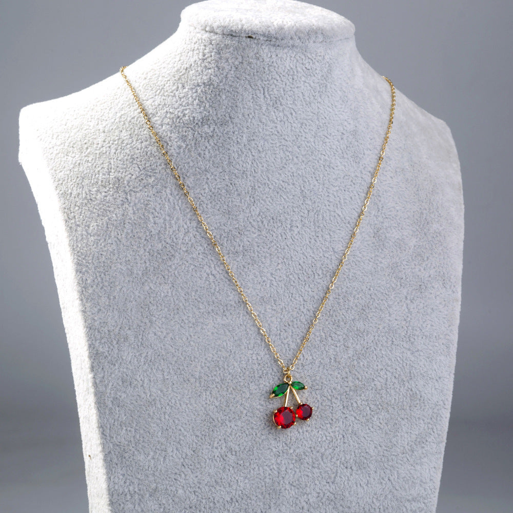 Trendy Red Zircon Cherry Pendant Necklace – Playful and Elegant Jewelry