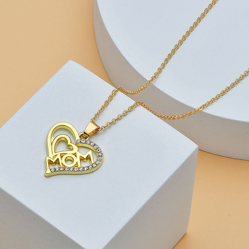 Mother's Necklace - Heart shaped with diamonds and letter MOM pendant, Elegant and Sentimental Gift for Mom