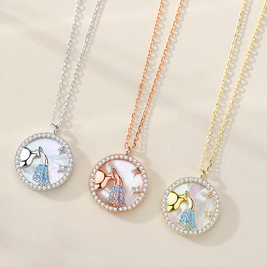 Twelve Constellation Mother of Pearl Sterling Silver Medal Pendant – Elegant Zodiac Clavicle Chain