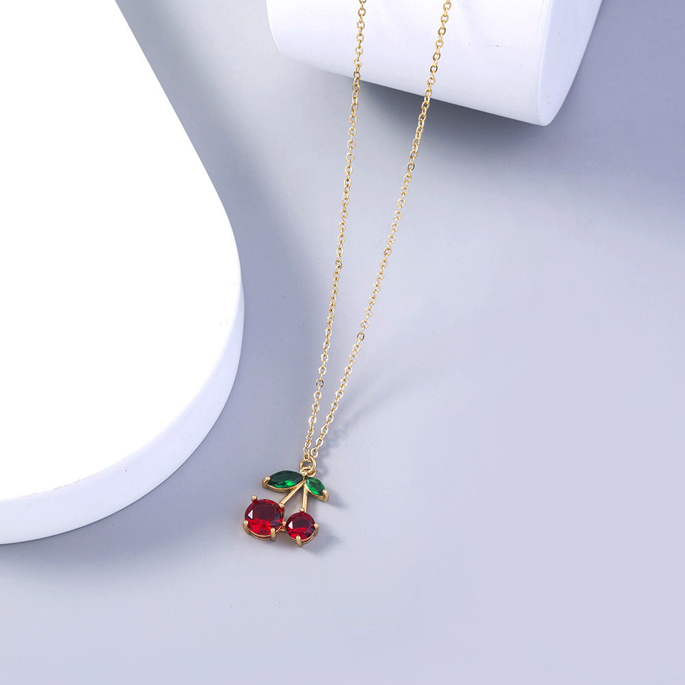 Trendy Red Zircon Cherry Pendant Necklace – Playful and Elegant Jewelry