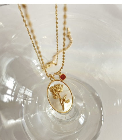 Vintage Birth Flower Oval Pearl Necklace with Birthstone – Timeless and Personalized Elegance