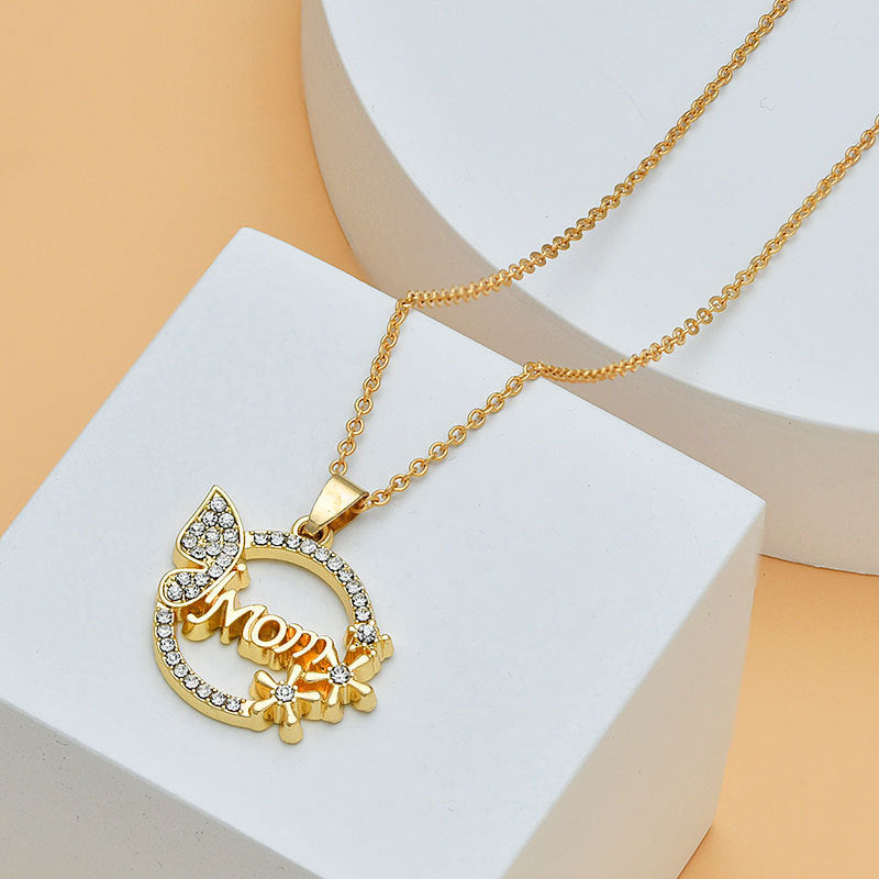 Mother's Necklace - Heart shaped with diamonds and letter MOM pendant, Elegant and Sentimental Gift for Mom