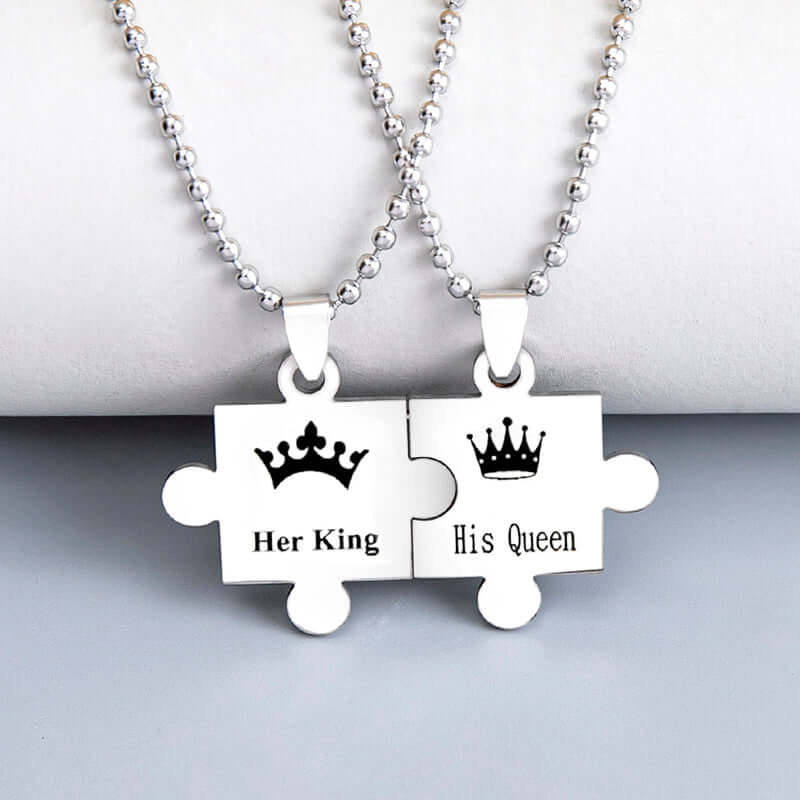 His Queen and Her King Puzzle Pendant Necklace – Black and Silver Stainless Steel Couple Set