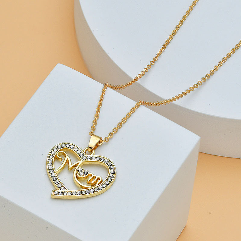 Mother's Necklace - Heart shaped with diamonds and letter MOM pendant, Elegant and Sentimental Gift for Mom