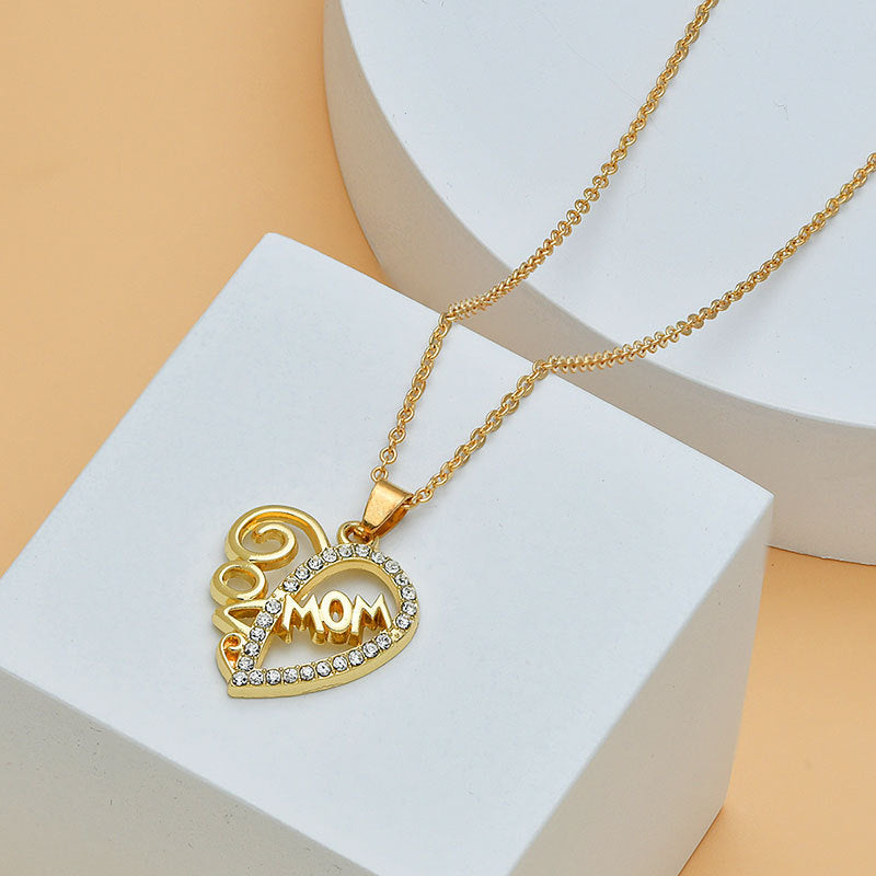 Mother's Necklace - Heart shaped with diamonds and letter MOM pendant, Elegant and Sentimental Gift for Mom