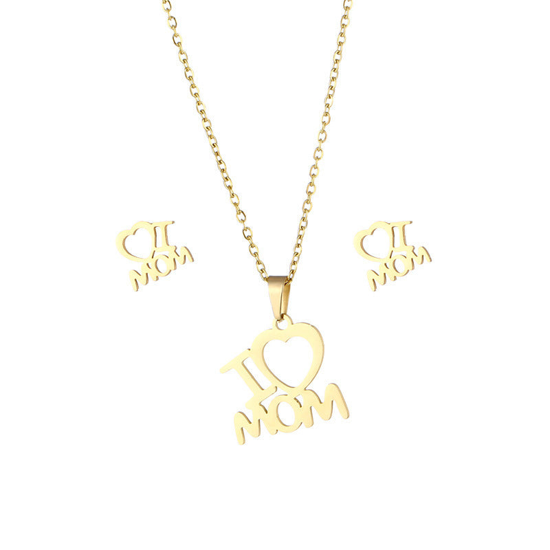 Mother's Day Jewelry Set Stainless Steel - I Love Mom Heart Pendant Necklace and Earrings