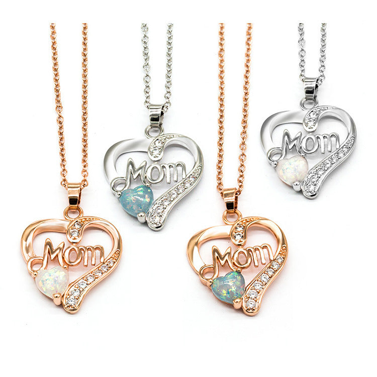 Mom love heart-shaped Necklace, copper-silver-plated zircon mother''s birthday gift