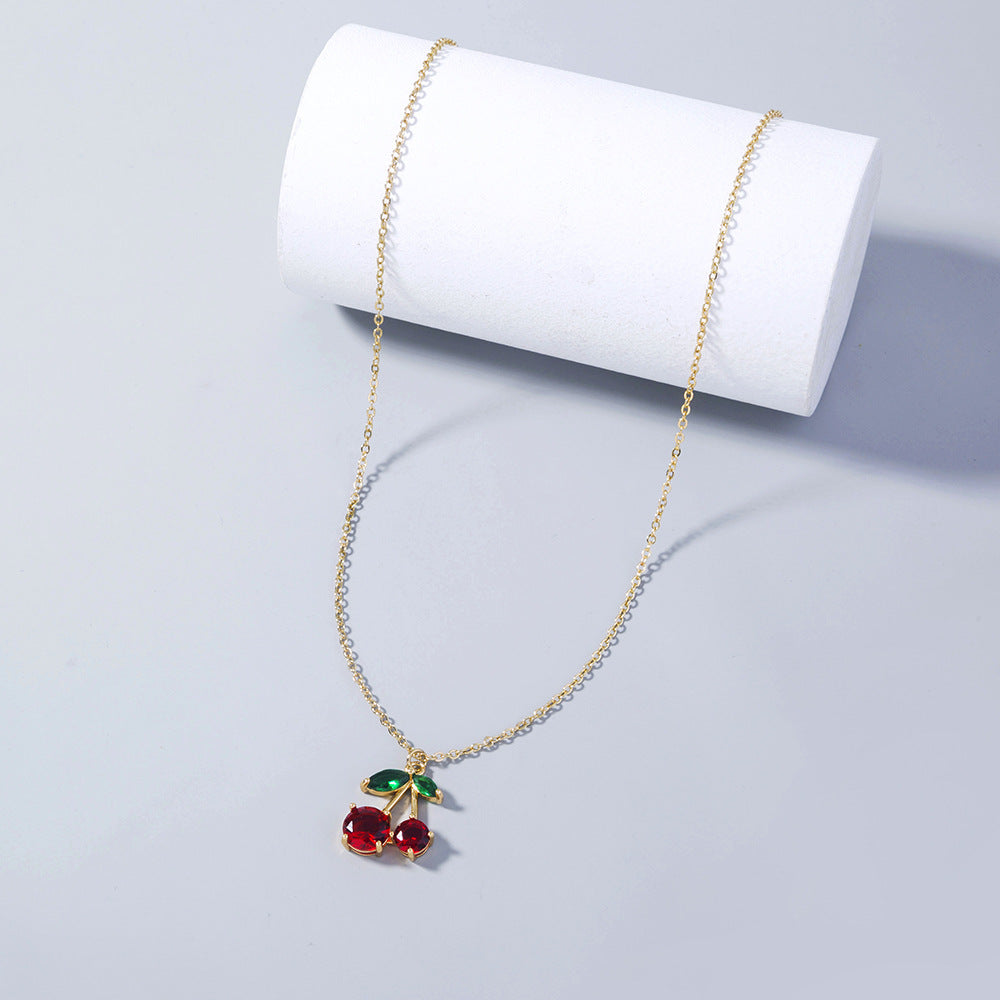 Trendy Red Zircon Cherry Pendant Necklace – Playful and Elegant Jewelry