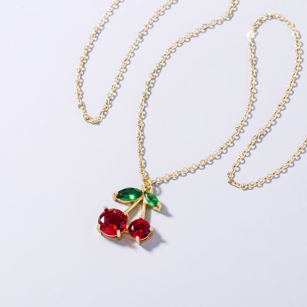 Trendy Red Zircon Cherry Pendant Necklace – Playful and Elegant Jewelry