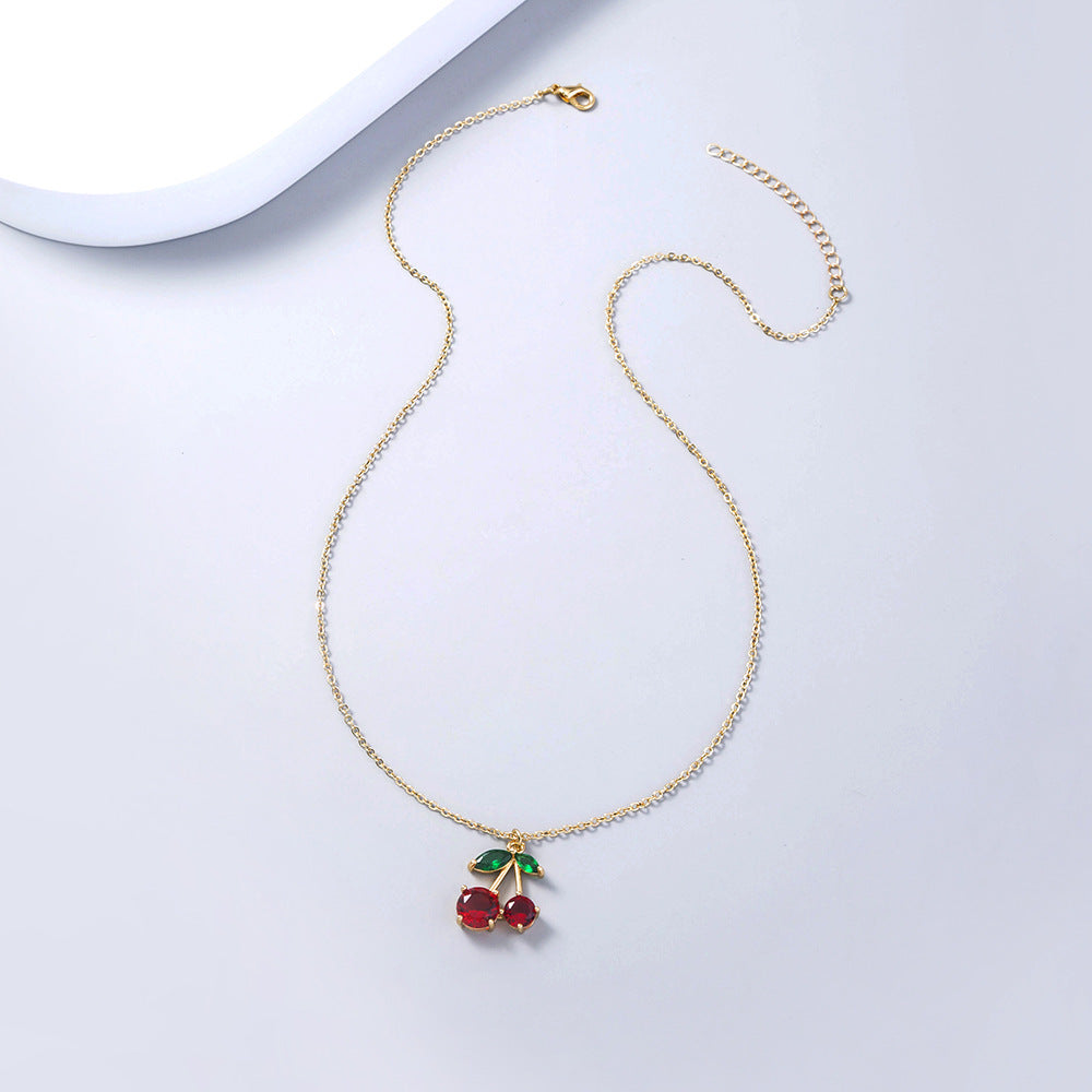 Trendy Red Zircon Cherry Pendant Necklace – Playful and Elegant Jewelry