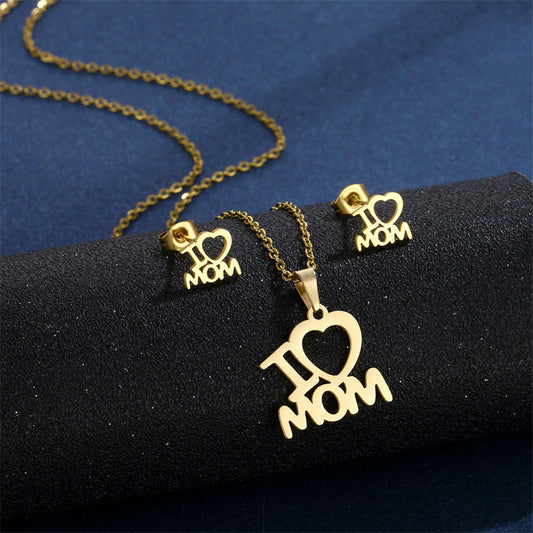 Mother's Day Jewelry Set Stainless Steel - I Love Mom Heart Pendant Necklace and Earrings