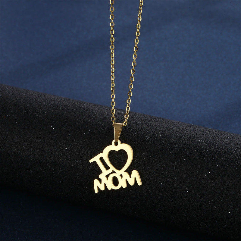 Mother's Day Jewelry Set Stainless Steel - I Love Mom Heart Pendant Necklace and Earrings