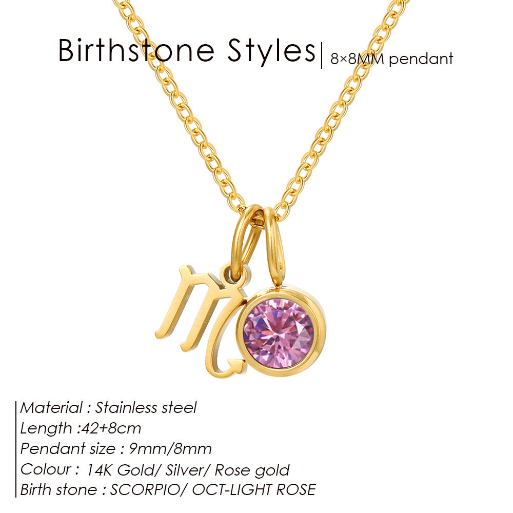 Colorful Zircon Birthstone Twelve Constellation Titanium Steel Necklace – Elegant Zodiac Jewelry for Women