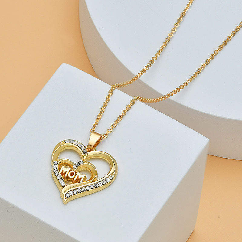 Mother's Necklace - Heart shaped with diamonds and letter MOM pendant, Elegant and Sentimental Gift for Mom