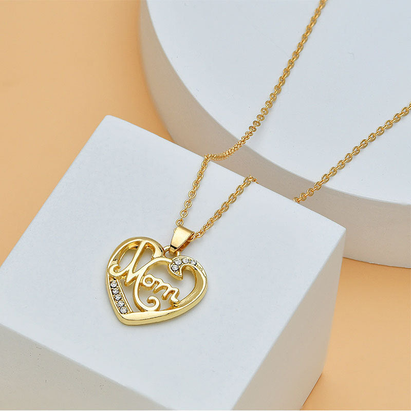 Mother's Necklace - Heart shaped with diamonds and letter MOM pendant, Elegant and Sentimental Gift for Mom