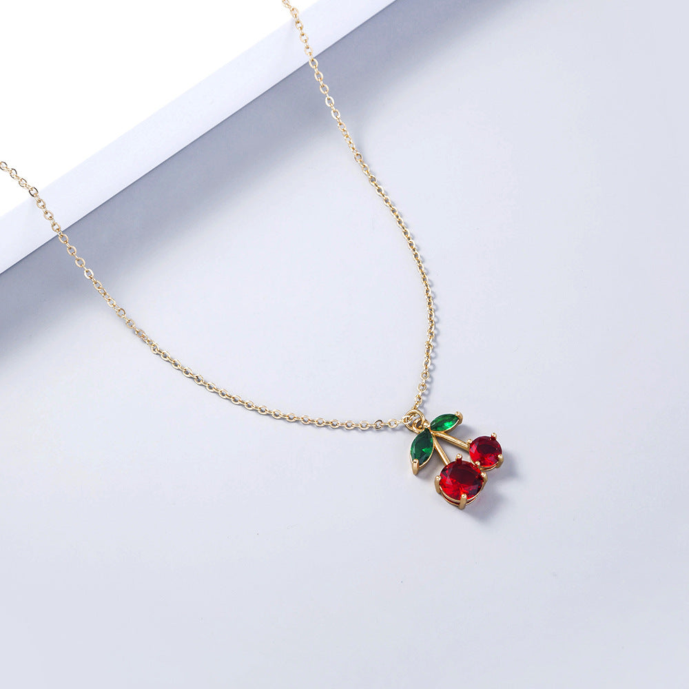 Trendy Red Zircon Cherry Pendant Necklace – Playful and Elegant Jewelry