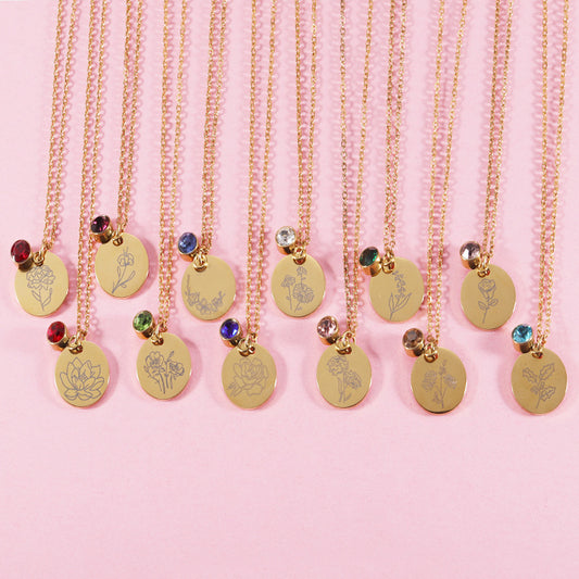 Birth Flower and Birthstone Medal Necklace – Personalized Birthday Stainless Steel Jewelry
